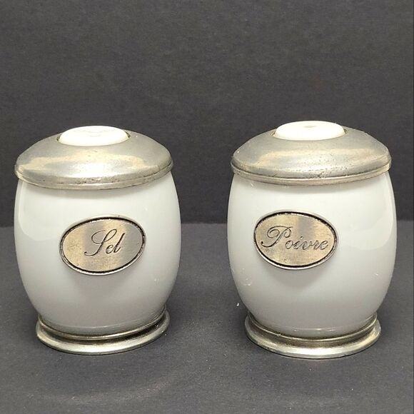 NOT FOR SALE Vintage Etain France Pewter And Porcelain Salt And Pepper Shakers - Picture 1 of 8